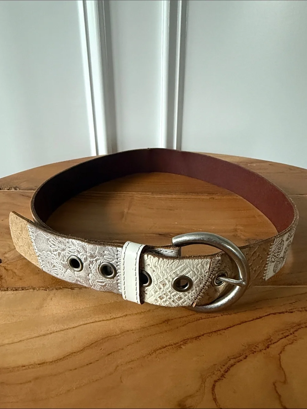 Fossil Patchwork Leather Belt Sz S Small Cream Woven Boho Western Silver Tone